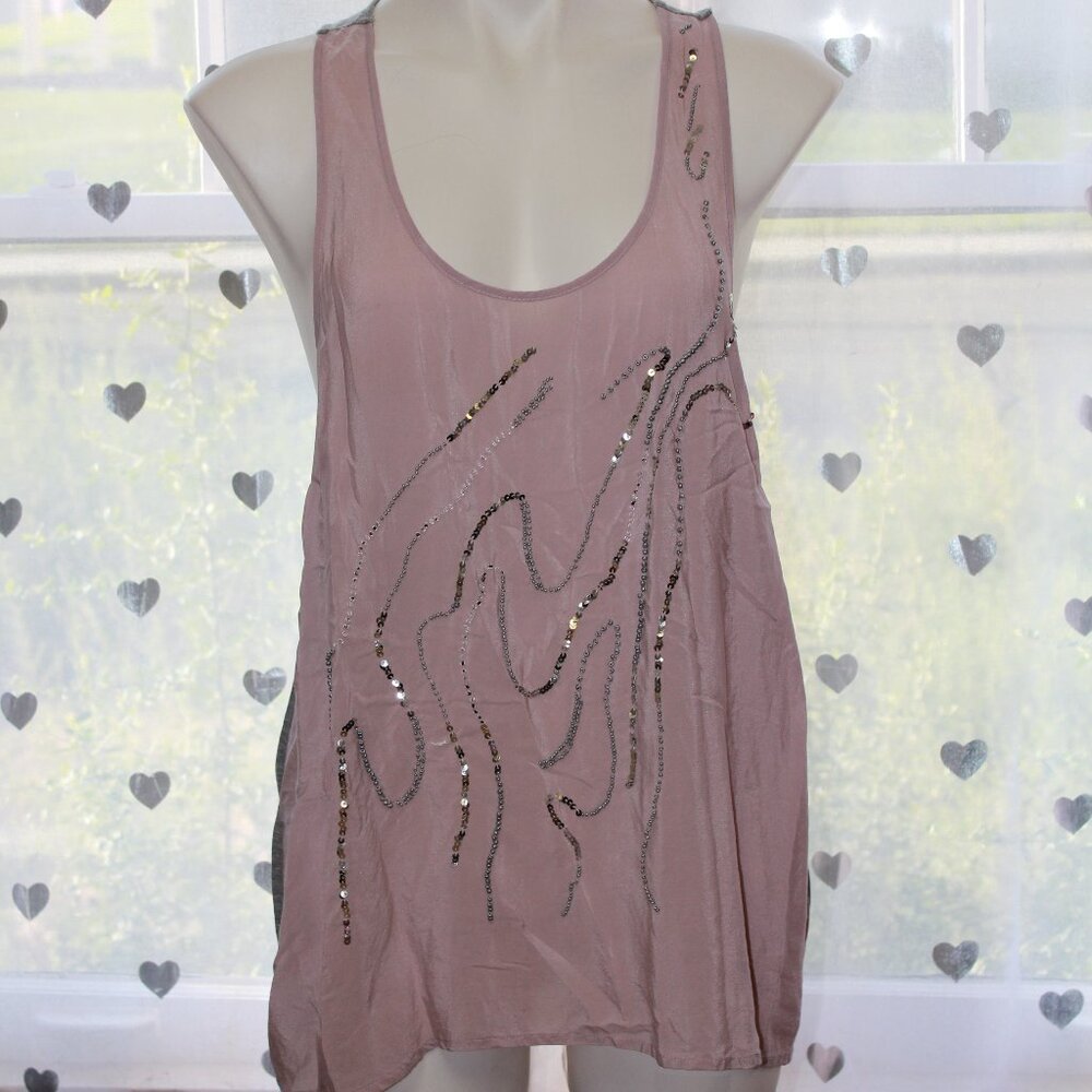 #305 Petticoat Alley Pink Dressy Tank with Grey Detail and Back Size L